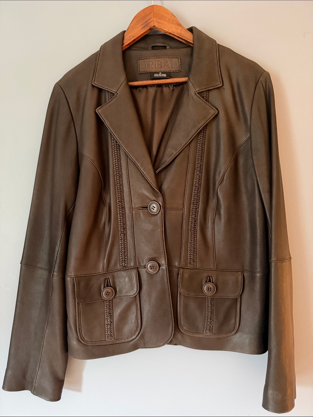 Tribal Brown Women's Leather Blazer with Buttons Pockets Buttery Soft Size 14